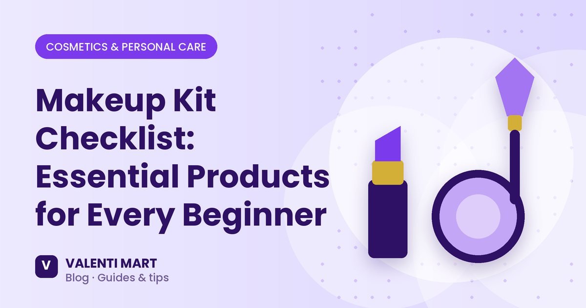 An open makeup pouch with beginner essentials neatly arranged