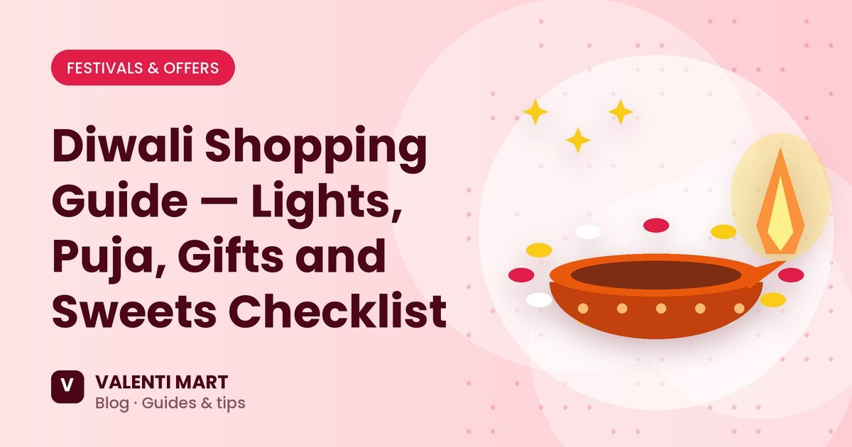 Diyas, rangoli colours, gift boxes and marigold flowers arranged for Diwali