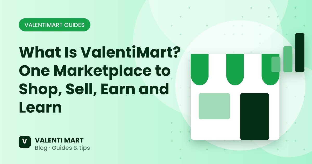 ValentiMart's shopping, selling, earning and classroom features shown as four connected tiles