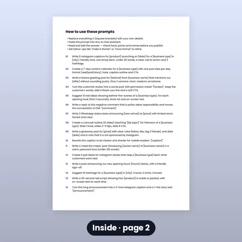 AI Prompt Pack — Small Business Social Media (60 Prompts) — photo 2