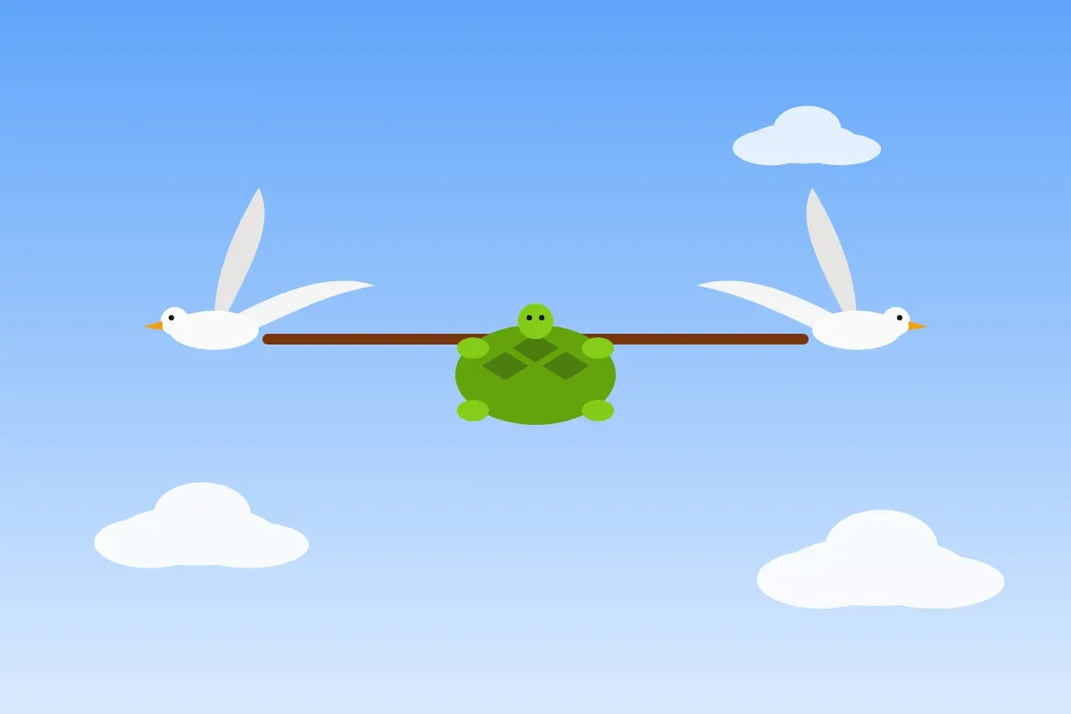 Two geese carry their friend the tortoise across the sky on a stick
