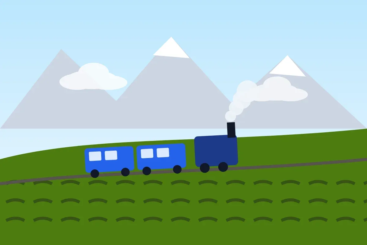 The little blue toy train begins its long climb into the clouds