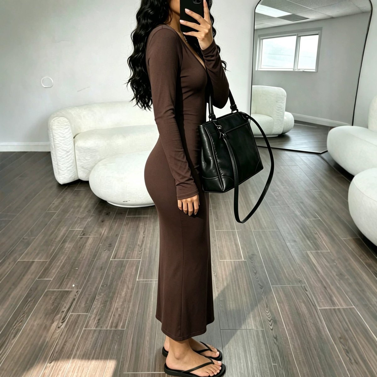 V-neck Long-sleeve Midi Dress For Women
