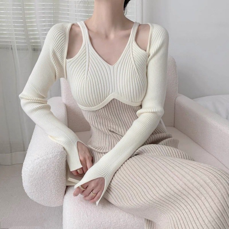French Style Gentle Halter Knitted Long-sleeved Dress Women — photo 4