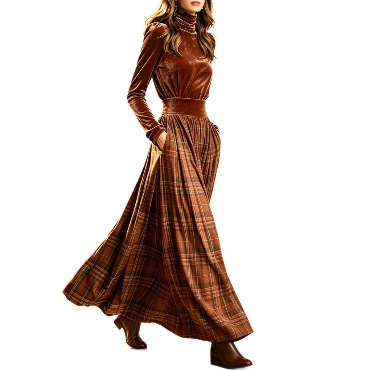 Velvet Turtleneck Top Pleated Dress Two-piece Set — photo 4