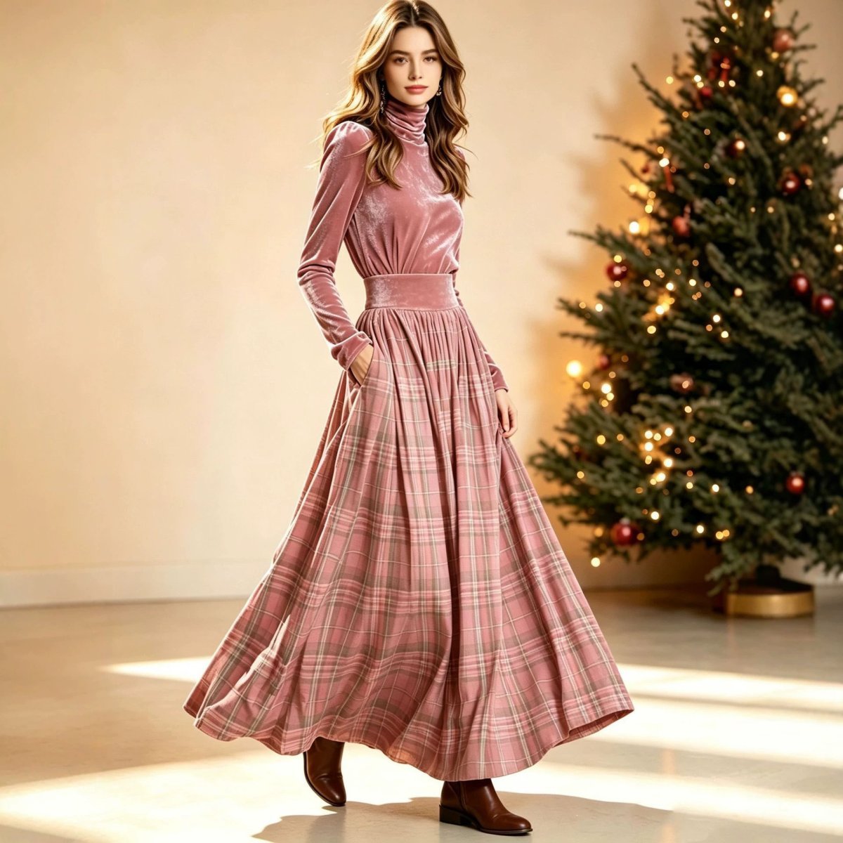 Velvet Turtleneck Top Pleated Dress Two-piece Set