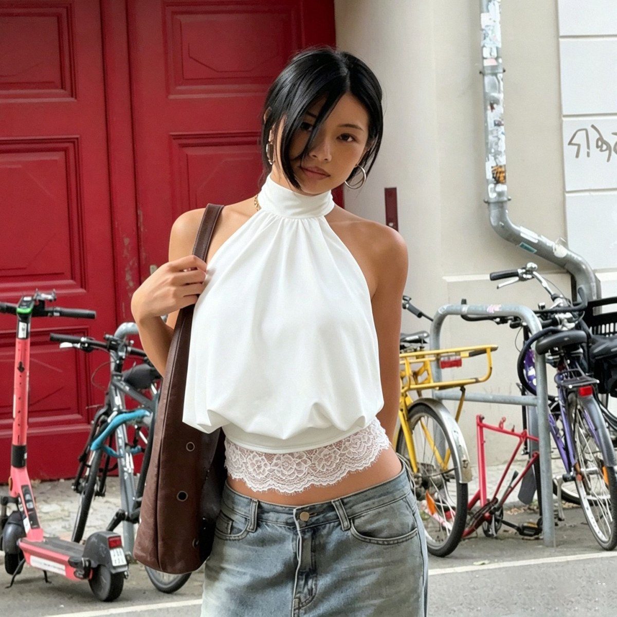 White Lace Spliced Halter-neck Backless Camisole — photo 3