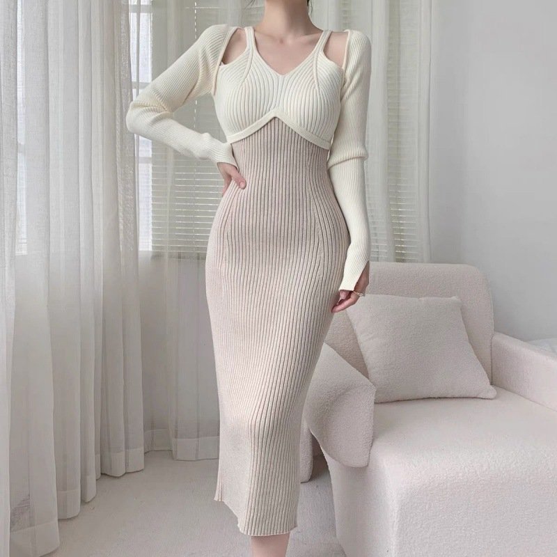 French Style Gentle Halter Knitted Long-sleeved Dress Women — photo 2
