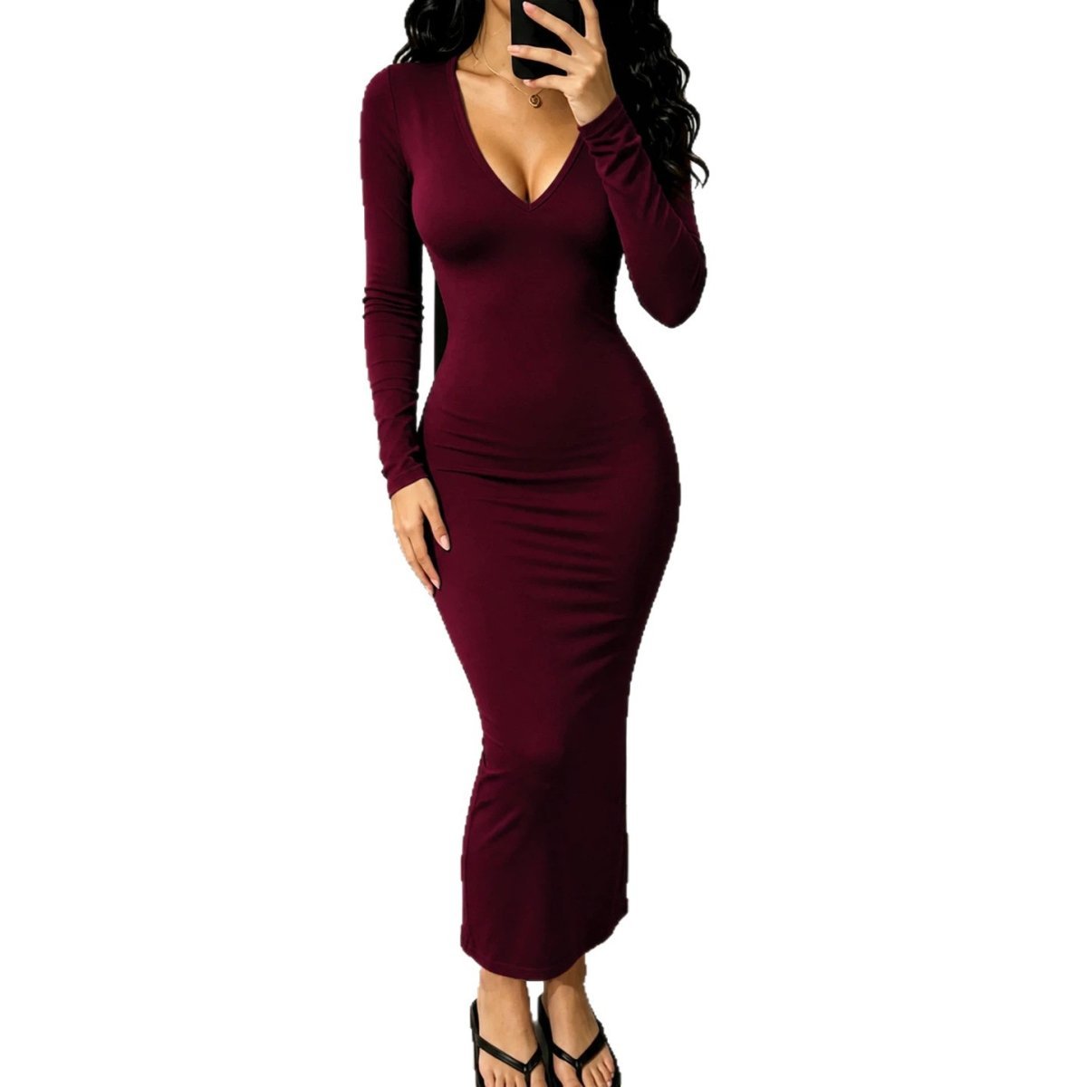 V-neck Long-sleeve Midi Dress For Women — photo 3