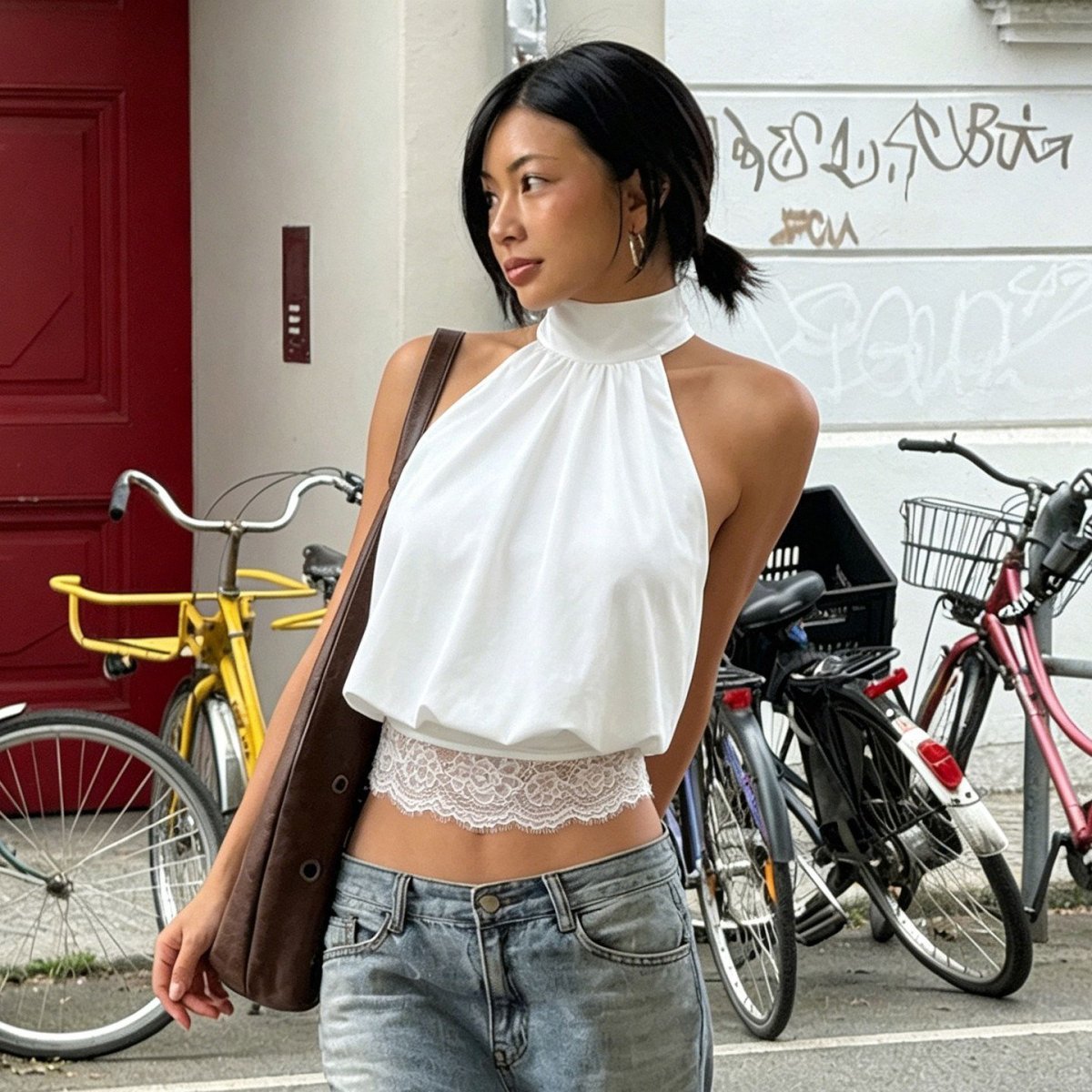 White Lace Spliced Halter-neck Backless Camisole — photo 4