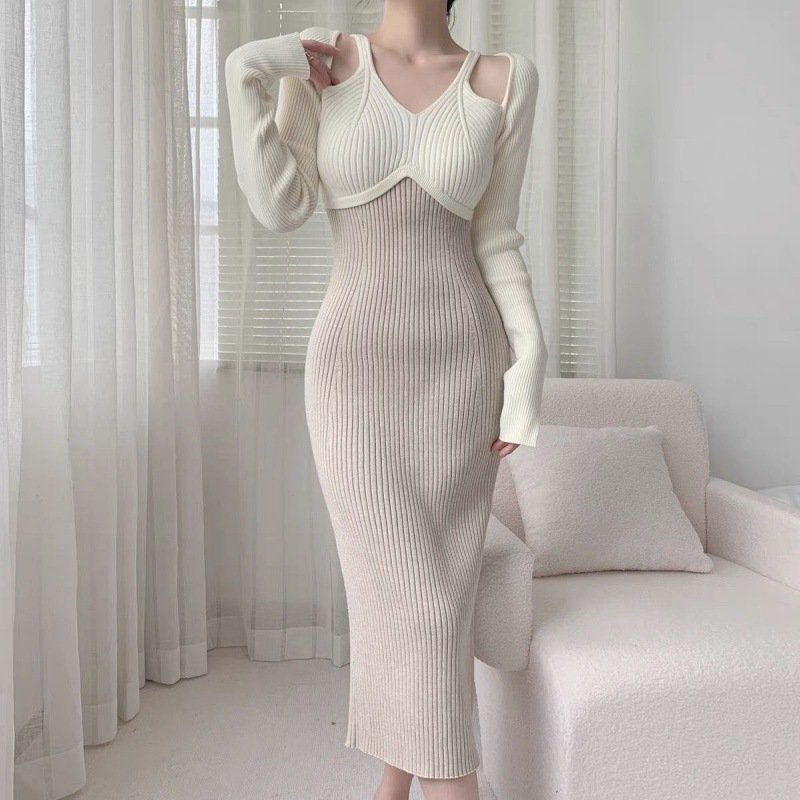French Style Gentle Halter Knitted Long-sleeved Dress Women — photo 3