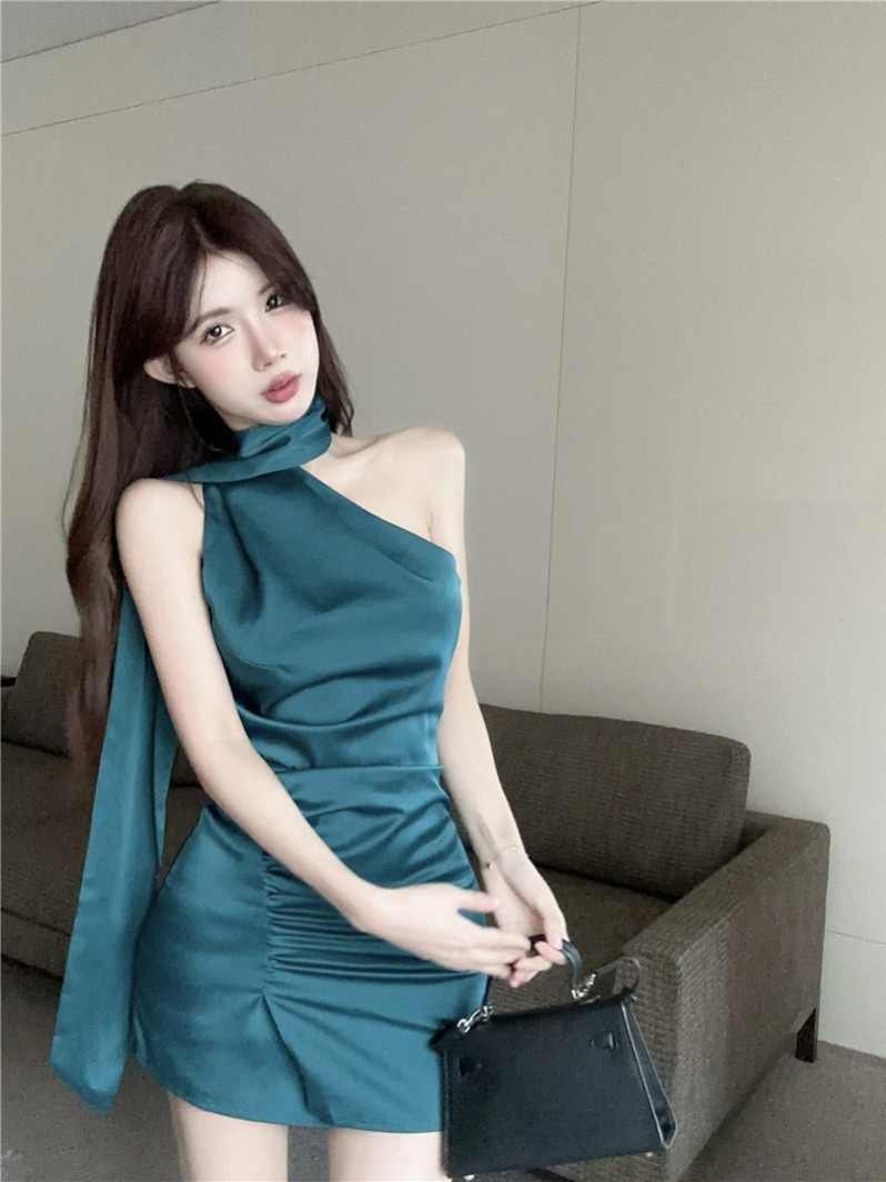 Peacock Blue Backless Satin Halter Dress — photo 4