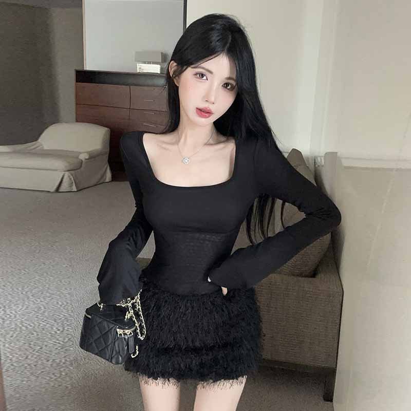 Black Square Collar Fur Stitching Tight Dress — photo 4