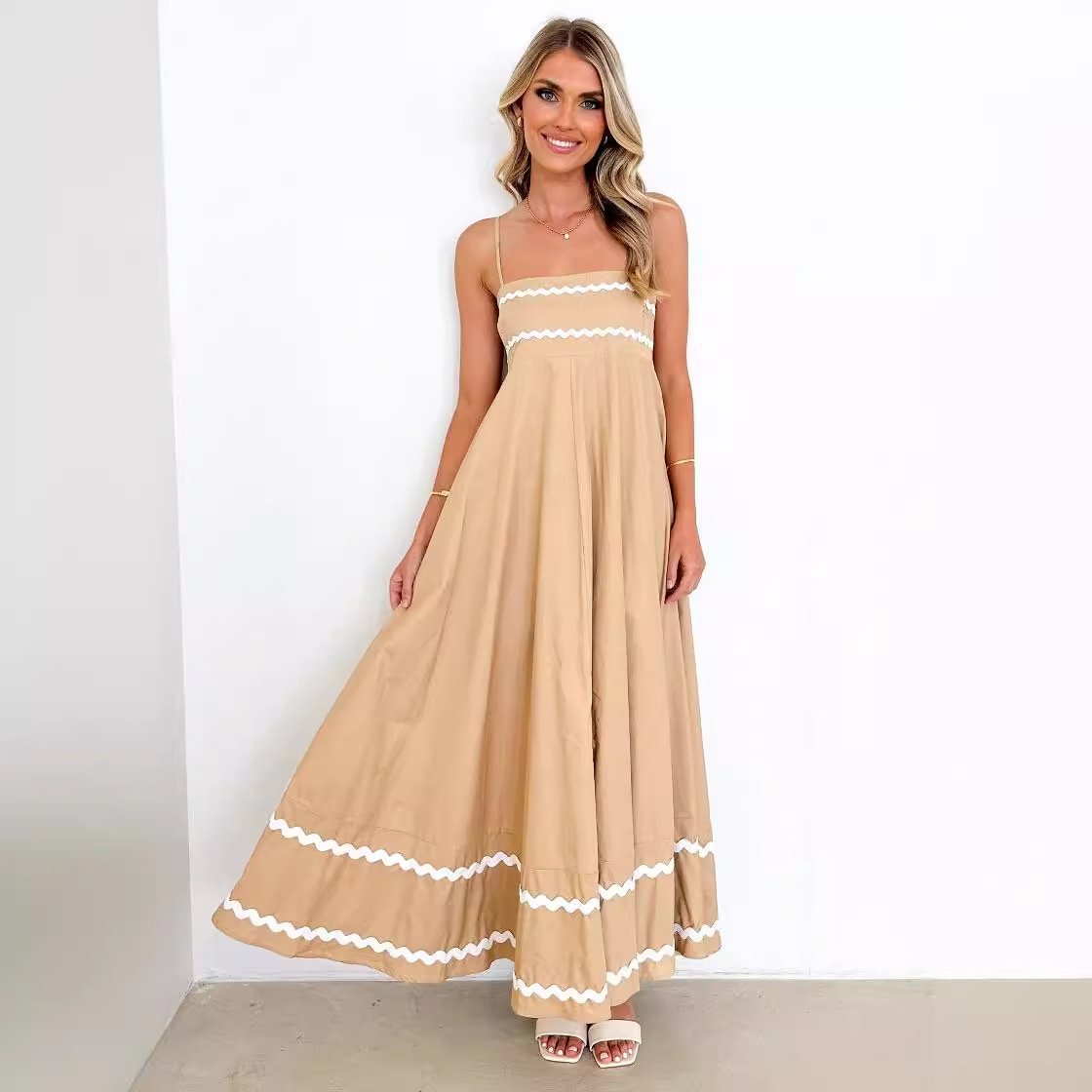 Sling Low Square Collar Layered Elegant Beach Dress