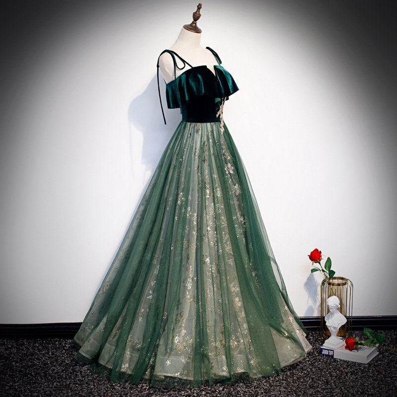Banquet Sling Temperament Long Dress Dark Green Fantasy Mori — photo 2