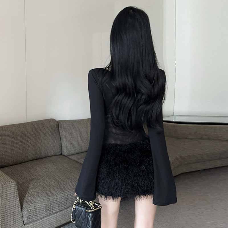 Black Square Collar Fur Stitching Tight Dress — photo 3