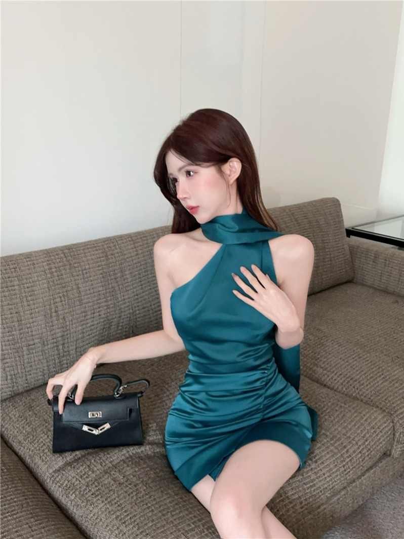 Peacock Blue Backless Satin Halter Dress — photo 3