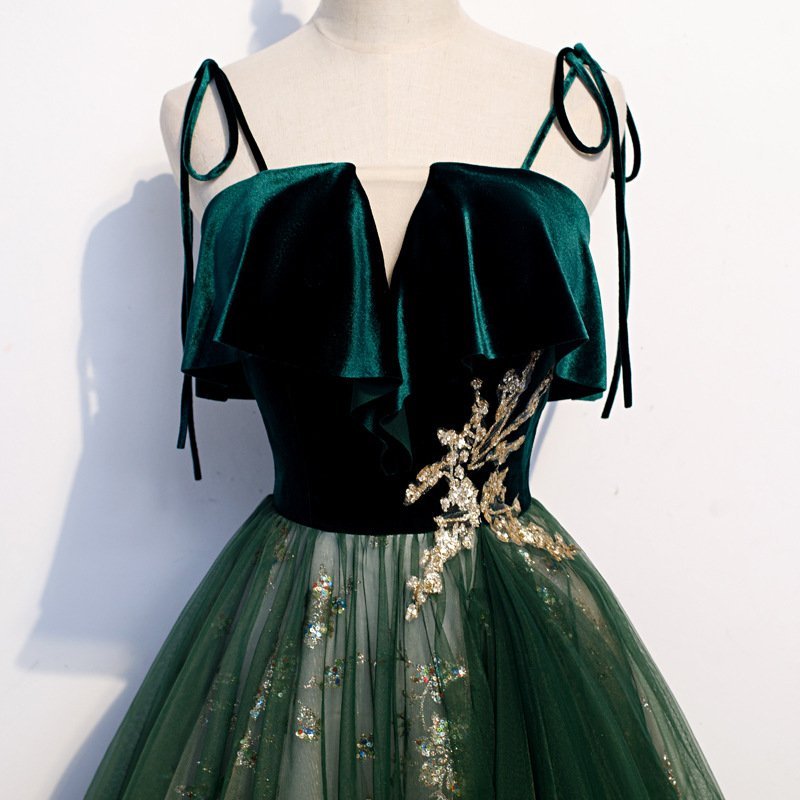 Banquet Sling Temperament Long Dress Dark Green Fantasy Mori — photo 4