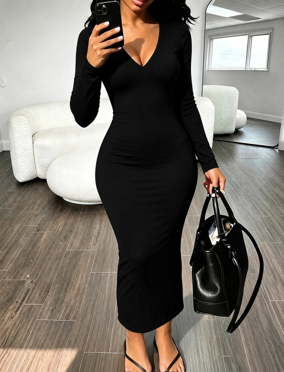 V-neck Long-sleeve Midi Dress For Women — photo 4