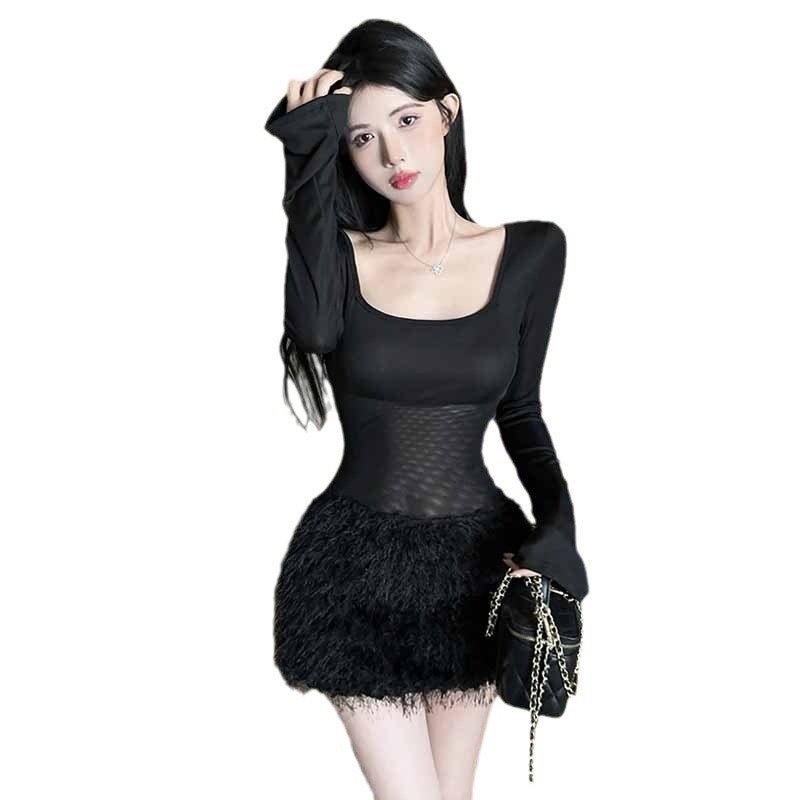 Black Square Collar Fur Stitching Tight Dress — photo 2